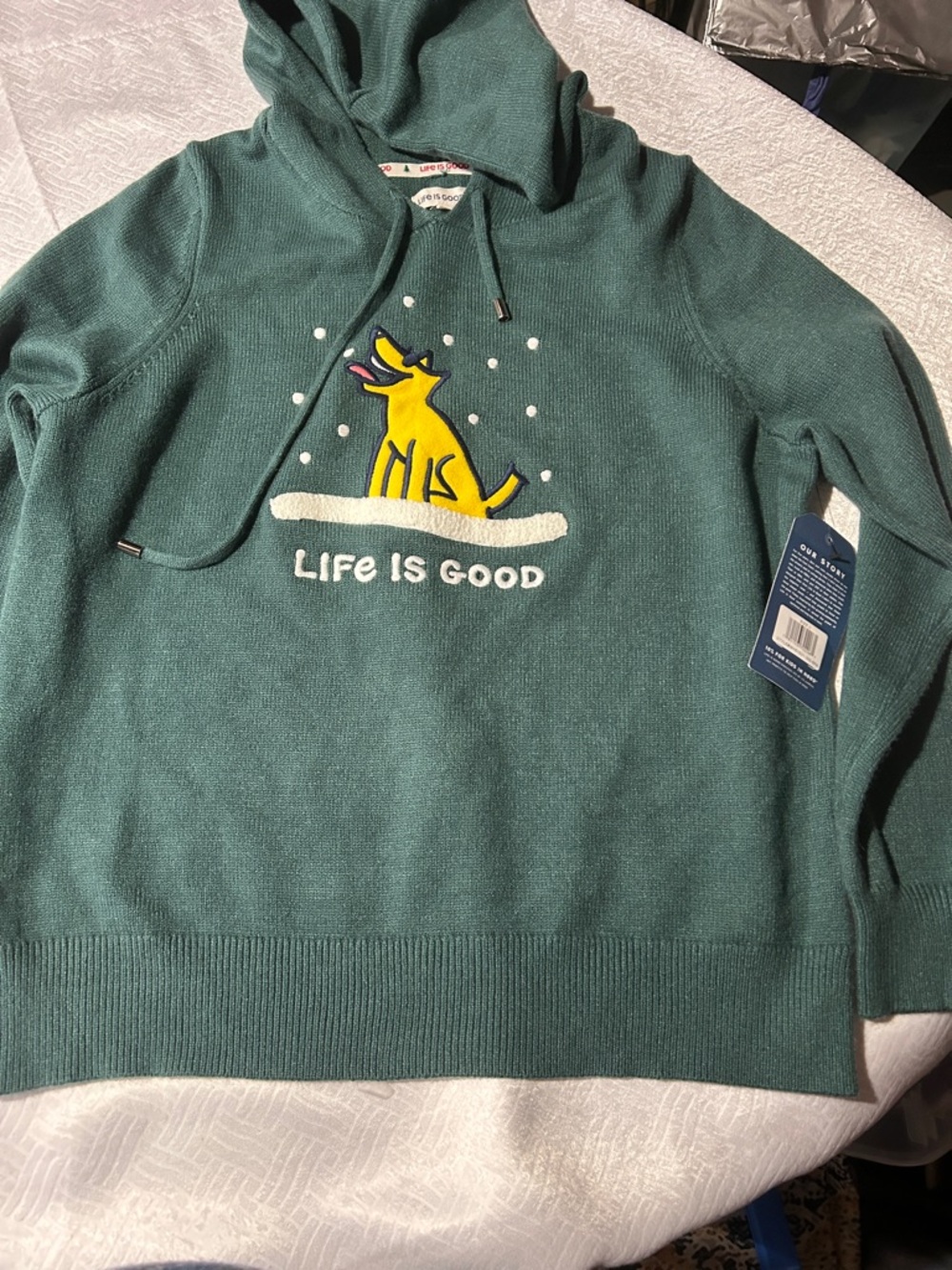 Life Is Good Men's Teal Crewneck Hoodie with Yellow Dog Graphic